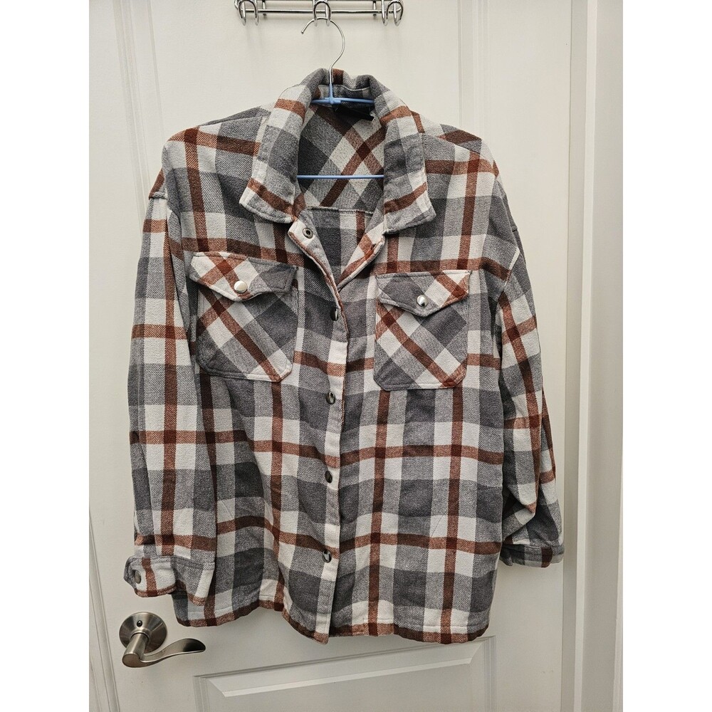 HFX Womens XL Plaid Flannel Shacket Shirt Jacket Snap Front Grey Orange Rust